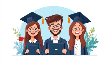 Obraz premium Three cartoon graduates wearing caps and gowns, holding diplomas, and smiling together in celebration against a white background.