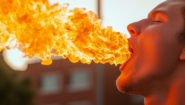 A fire-eater performing at a street festival, holding a torch and breathing fire.