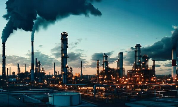 oil refinery with pipes, tanks, and massive structures, scale of the petroleum industry.