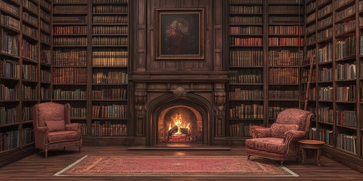 A fireplace in a grand library, with bookshelves towering above and a comfortable armchair nearby.