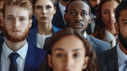 A diverse group of professionals stands attentively during a seminar in a stylish conference hall, showcasing various expressions of interest and engagement