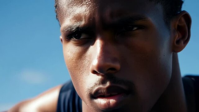 Determined young athlete focuses on a challenging competition, training outdoors under a clear blue sky. His intense gaze embodies strength and ambition