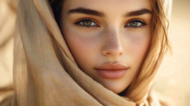 Beautiful Woman wrapped in Beige Silk Scarf Beauty Girl Face with Smooth Skin and Natural Makeup Women Hair Sun Care Headwear Scarves over Desert Sand background : Generative AI - Powered by Adobe