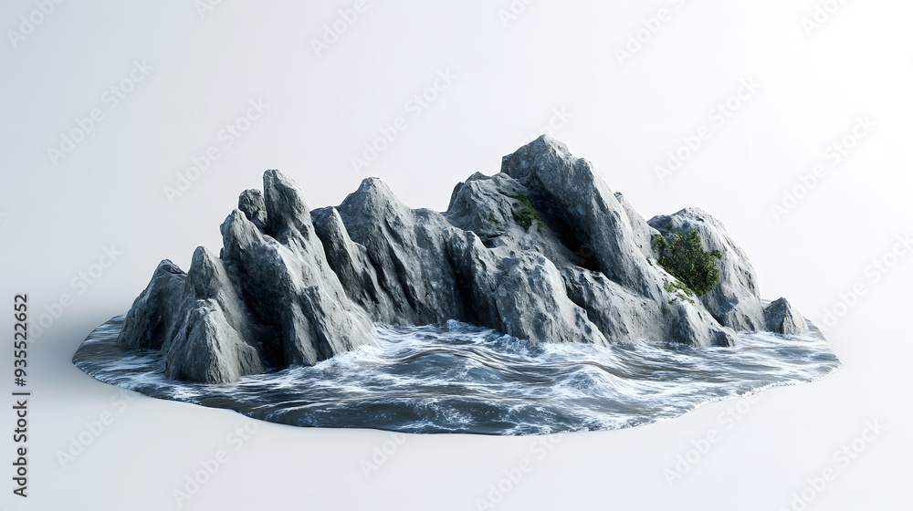 Poster 62. 3d representation of a tranquil seaside cliff with dramatic rock formations and crashing waves, 