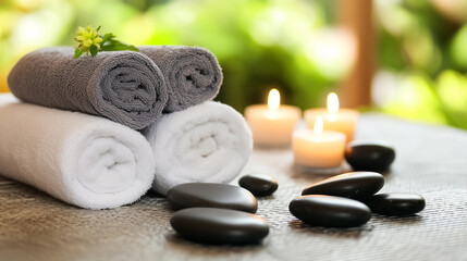 Spa setting with rolled towels, smooth black massage stones, and burning candles, evoking a calming and rejuvenating atmosphere ideal for relaxation and therapeutic treatments.