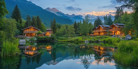 Fototapeta premium Wooden cabins by a reflective lake in a forest.