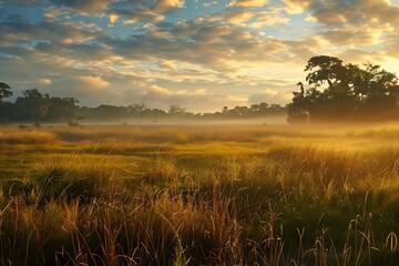 Fototapeta premium Beautiful sunrise over a meadow with trees