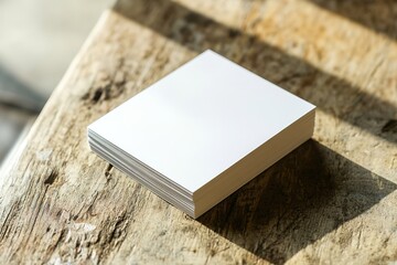 Fototapeta premium Blank business cards stack on wooden texture, sunlight cast