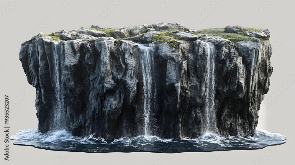 Poster 62. 3d representation of a tranquil seaside cliff with dramatic rock formations and crashing waves, 