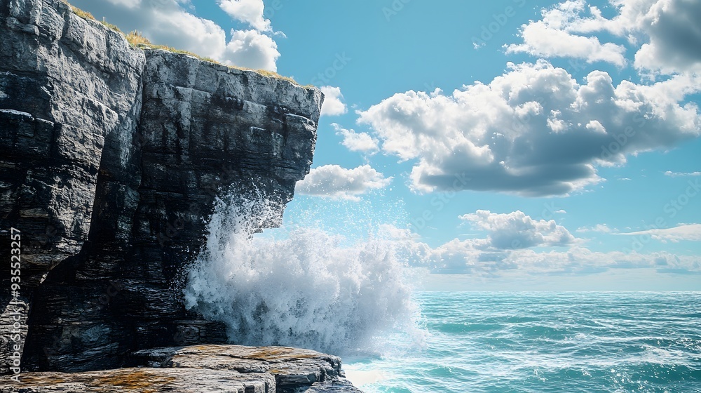 Poster 62. 3d representation of a tranquil seaside cliff with dramatic rock formations and crashing waves, 