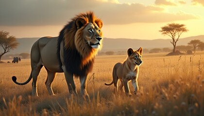 Obraz premium A lion strolling with its cub, showcasing a tender moment between the majestic parent and its young in their natural habitat.