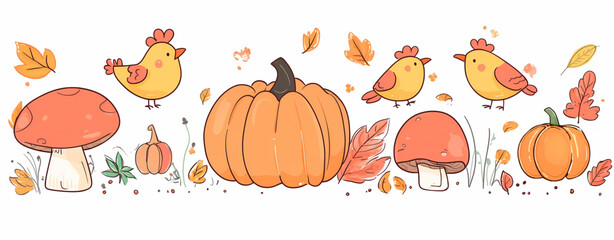 Whimsical Autumn Illustration of a Cheerful Pumpkin with Playful Birds and Mushrooms, Featuring Cozy Fall Leaves and a Warm Color Palette in a Cartoonish Style