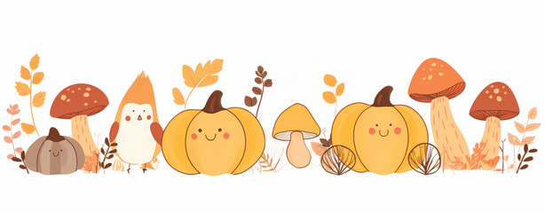 Whimsical Autumn Illustration of a Cheerful Pumpkin with Playful Birds and Mushrooms, Featuring Cozy Fall Leaves and a Warm Color Palette in a Cartoonish Style