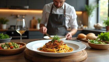 Chef preparing dishes in a restaurant kitchen, showcasing the culinary skills and vibrant atmosphere of a professional kitchen.