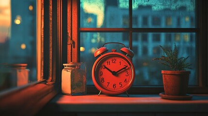 Red Alarm Clock on a Windowsill 