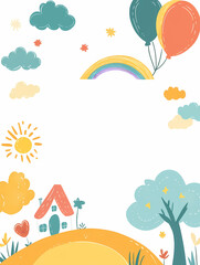 Naklejka premium Cheerful Children's Illustration with Rainbow, Smiling Clouds, and Suns, Featuring Colorful Flags and Stars with a Large Blank Space for Text, Perfect for Kids' Content