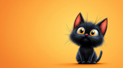 Adorable black kitten with wide eyes sitting against a vibrant orange background, showcasing a playful and innocent expression.