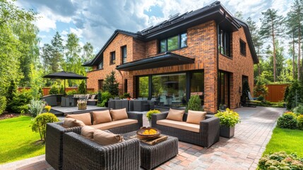 A large brick house with a patio and outdoor furniture, AI