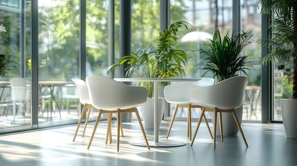 Obraz premium A modern break area in an office featuring large windows that allow ample natural light to flood the space The area is furnished with minimalist white tables and chairs : Generative AI