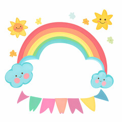 Cheerful Children's Illustration with Rainbow, Smiling Clouds, and Suns, Featuring Colorful Flags and Stars with a Large Blank Space for Text, Perfect for Kids' Content