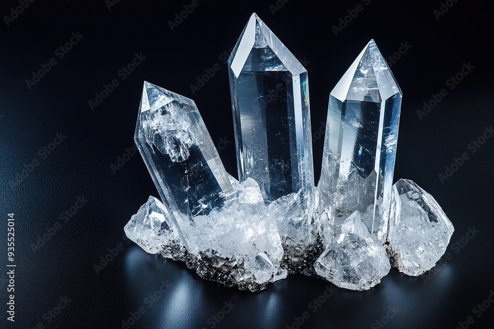 Poster cluster of sharp clear quartz crystals on dark background