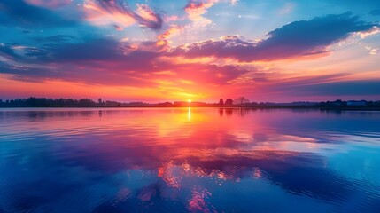 Fototapeta premium Vibrant Sunrise Reflecting Serenity Over Tranquil Lake at Dawn or Dusk with Copy Space