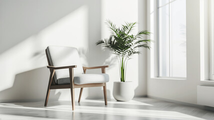 Fototapeta premium Minimalistic room with mid-century modern armchair and potted plant near large windows. Sunlight casting soft shadows on white walls and wooden floor