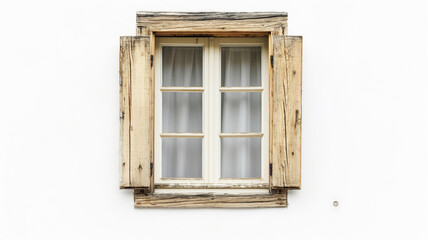 Fototapeta premium Rustic wooden window with weathered shutters and white curtains on white wall. Vintage charm with natural textures and aged appearance