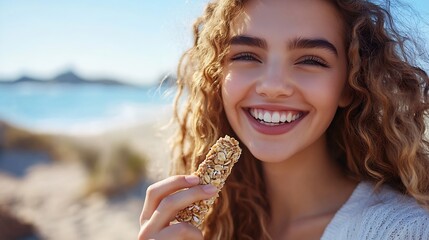 Young smiling woman looking to camera and eating cereal muesli fruit bar snack on a trip cereal bar dessert healthy food outside shot : Generative AI