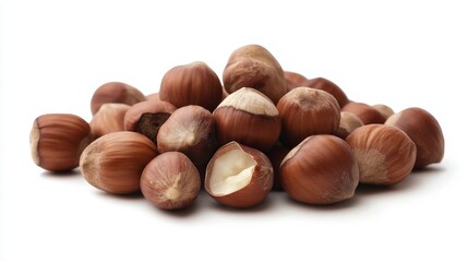 Obraz premium A pile of hazelnuts, some with shells removed, on a white background.