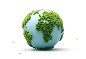 A stylized representation of the Earth as a globe with continents covered in green, moss-like vegetation. on a white background