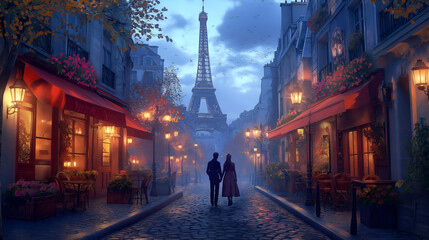 "Twilight in Paris: Couples Walk Hand-in-Hand, Cozy Cafes, and the Eiffel Tower Shining Brightly"