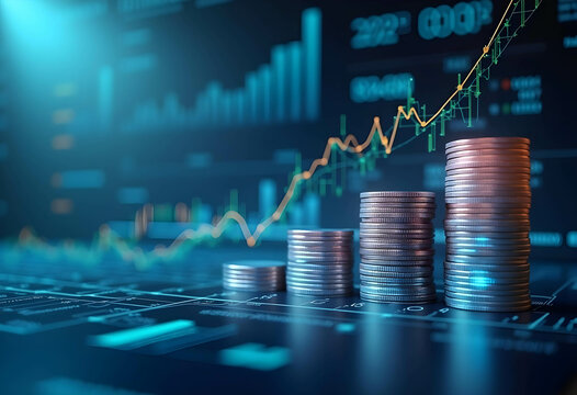 Features stacks of silver coins increasing in height from left to right, Above the coin stacks, a glowing orange line graph trends upward