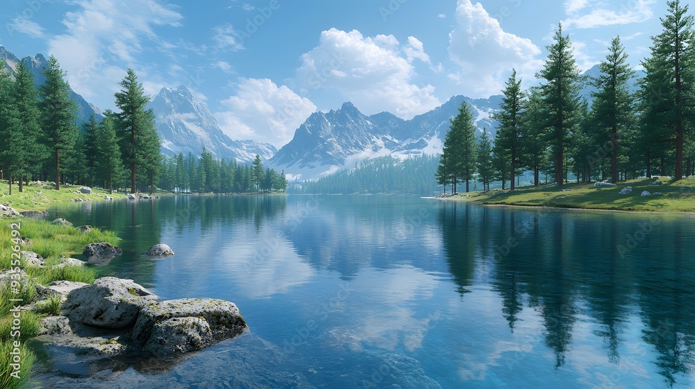 Poster 43. 3d depiction of a tranquil lake with crystal-clear waters and surrounding pine trees, displayed 
