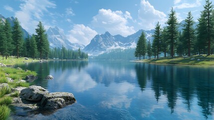 43. 3D depiction of a tranquil lake with crystal-clear waters and surrounding pine trees, displayed on a pristine background