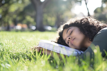 Young girl with curly hair peacefully sleeping on a stack of books on green grass in a park. Sunlight filters through trees, casting a warm glow on her relaxed face
