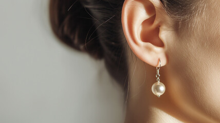 Close-up of a woman's ear wearing a single pearl earring. The background is softly blurred, highlighting the simplicity and elegance of the jewelry