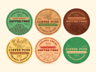 Variety of coffee pod labels showcasing flavors like dark roast, medium roast, and flavors like caramel and vanilla in a simple layout
