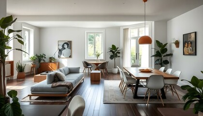 Luxury Livingroom house or apartment interior design, mock up room design, plants, and elegant personal accessories. Couch and table furniture with poster art and room accessories home
