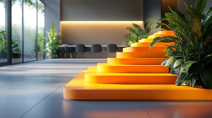 Orange steps into the office interior lead to the terrace Part of the interior of a modern...