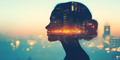 Double Exposure Silhouette of Woman with Cityscape at Sunset, Blending Urban Life and Individuality
