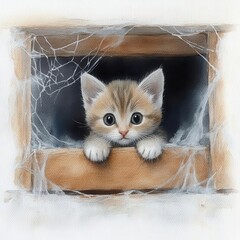 Kitten exploring a spooky attic, surrounded by cobwebs and eerie shadows, mysterious watercolor Halloween theme, kitten, Halloween, watercolor