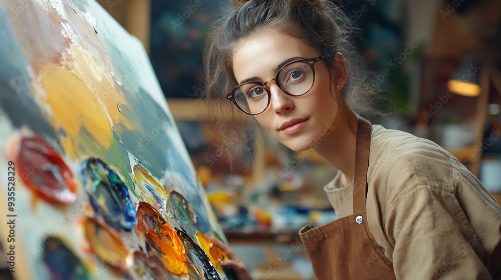 Poster painter with a colorful palette workshop for artistic expression craftsmanship in painting caucasian