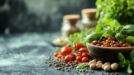 Fototapeta premium Balanced diet food background Nutrition clean eating food concept Diet plan with vitamins and minerals : Generative AI