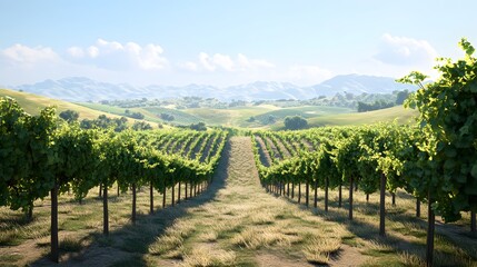 Fototapeta premium 45. Beautiful 3D render of a lush vineyard with rolling hills and ripe grapevines, set against a clear, pristine background