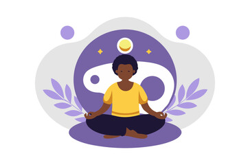 A calming vector illustration of diverse individuals meditating in a lotus pose, surrounded by the yin-yang symbol and leaves. Perfect for themes of yoga, harmony, and mindfulness.