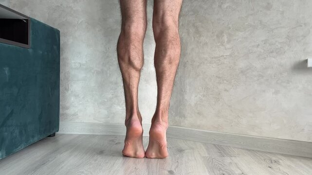 Athlete performs standing single leg calf raises on flat feet, focusing on strength and balance in a fitness routine