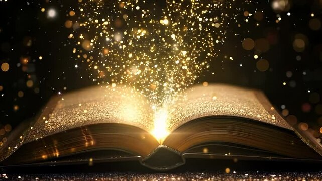 Open antique book on wooden table with magic lights, glitter blurred overlay
