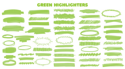 Marker green set, brush pen hand drawn underline. Highlighter collection, brush lines, isolated. Vector highlighter graphic stylish element. Watercolor green hand drawn highlight set.