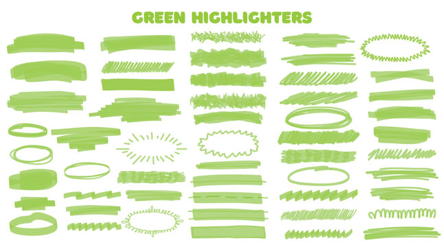 Marker green set, brush pen hand drawn underline. Highlighter collection, brush lines, isolated. Vector highlighter graphic stylish element. Watercolor green hand drawn highlight set.